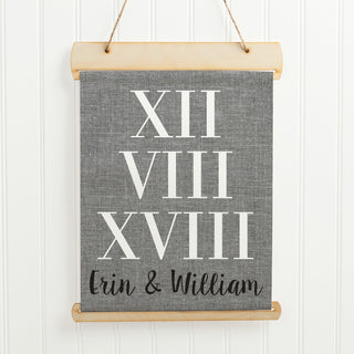 Roman Numerals Personalized Gray Hanging Canvas Banner