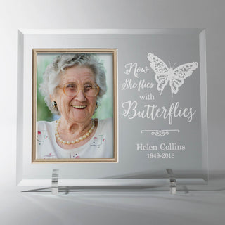 Now She Flies With Butterflies Personalized Memorial Glass Frame