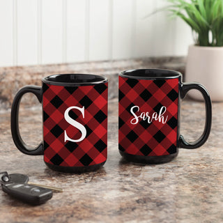 Buffalo Plaid Personalized Black Coffee Mug - 15 oz.