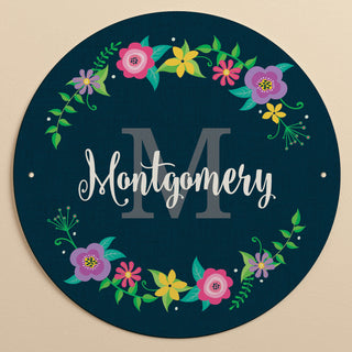 Floral Wreath Navy Personalized Round Metal Sign