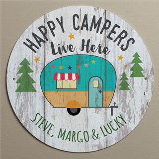 Happy Campers Live Here Personalized Round Metal Sign