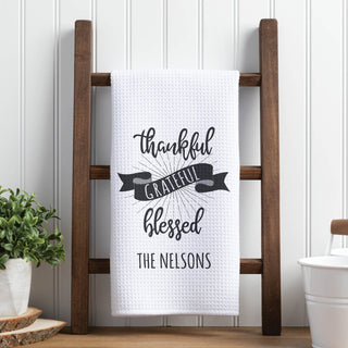Personalized Thankful Grateful Blessed Waffle Tea Towel