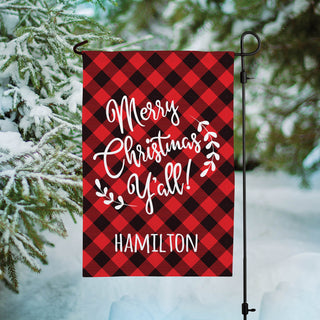 Merry Christmas Y'all Personalized Plaid Garden Flag