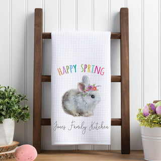 Floral Bunny Happy Spring Personalized Waffle Tea Towel
