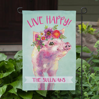 Live Happy Floral Pig Personalized Garden Flag