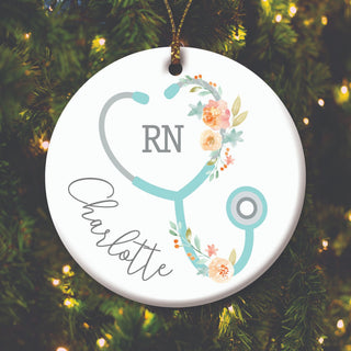 Floral Stethoscope Personalized Round Ornament
