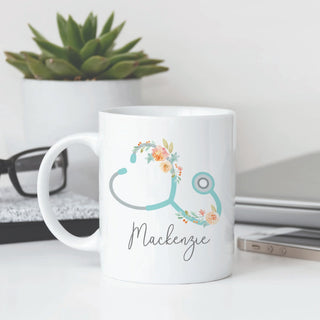 Floral Stethoscope Personalized White Coffee Mug - 11 oz.