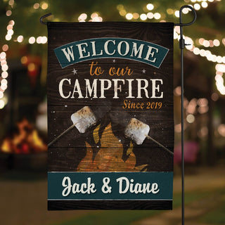 Welcome To Our Campfire Personalized Garden Flag With 2 Marshmallows