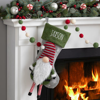 Striped Gnome Personalized Stocking With Green Cuff