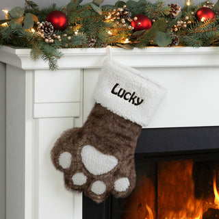 Dark Brown Fur Paw With Ivory Sherpa Cuff Personalized Stocking