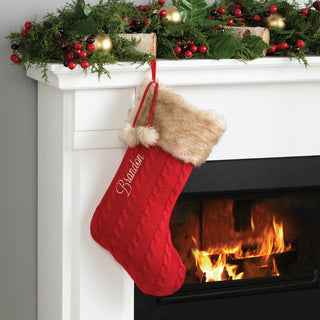 Tan Fur Cuffed Red Knit Personalized Stocking