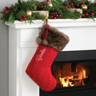 Dark Brown Fur Cuffed Red Knit Personalized Stocking