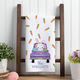 Happy Easter Bunny Truck Personalized Waffle Tea Towel