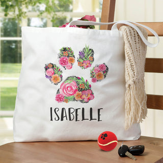 Floral Paw Print Personalized White Tote Bag