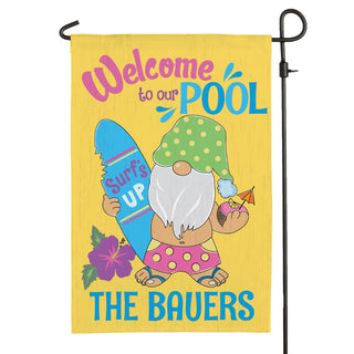 Welcome to our Pool Surfer Gnome Personalized Garden Flag