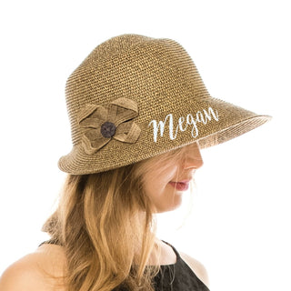 Embroidered Script Name Heathered Brown Lampshade Hat