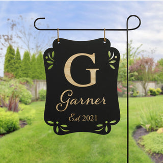 Name and Initial Personalized Black Wood Hanging Garden Flag