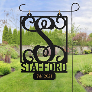 Fancy Initial and Name Black Wood Hanging Garden Flag