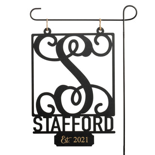 Fancy Initial and Name Black Wood Hanging Garden Flag