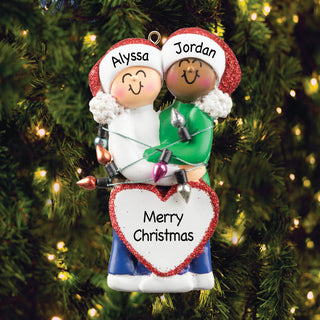 White Woman & African American Man Couple In Lights Ornament