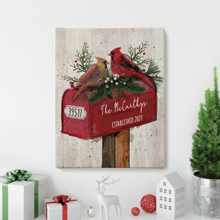 Cardinal Couple On Mailbox Personalized 11x14 Canvas