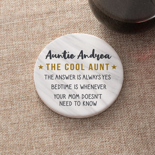 The Cool Aunt - Marble Look Personalized Round Desk Coaster