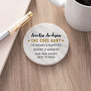 The Cool Aunt - Marble Look Personalized Round Desk Coaster