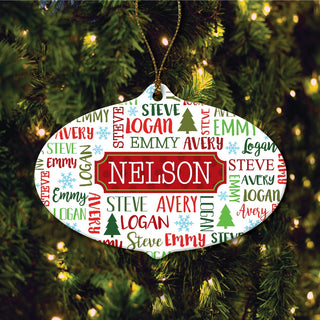 Holiday Red and Green Family Ceramic Oval Ornament
