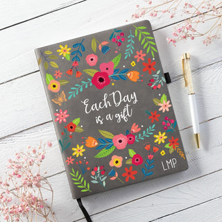 Each Day is a Gift Floral Personalized Iron Gray Leatherette Journal