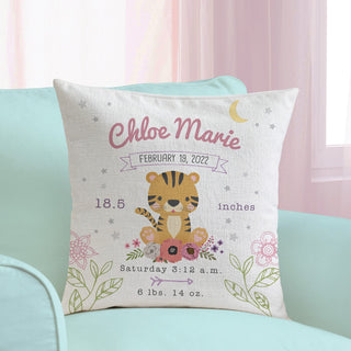 Floral Baby Tiger 17" Birth Details Throw Pillow