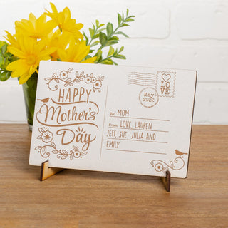Happy mother's day wood postcard with easel and names