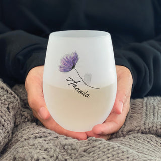 Purple flower frosted stemless wine glass with name