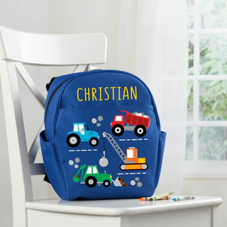 Construction Trucks Personalized Blue Toddle Backpack