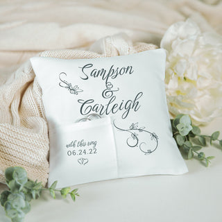 Wedding couple ring throw pillow with name and date