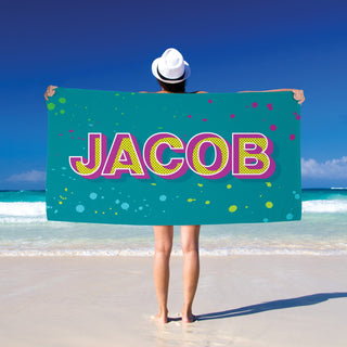 Aqua velour beach towel with name