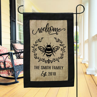 Welcome burlap garden flag with family name and date