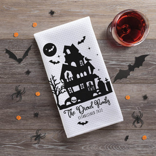 Haunted house waffle tea towel with family name and date