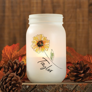 Yellow Flower Personalized Frosted Mason Jar Votive Holder
