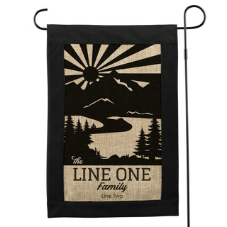 Mountain Scene Personalized Black Border Burlap Garden Flag