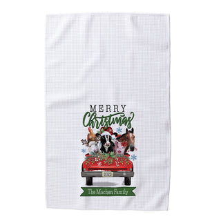 Merry Christmas Farm Animals Personalized Waffle Tea Towel