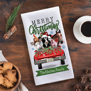 Merry Christmas Farm Animals Personalized Waffle Tea Towel