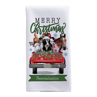 Merry Christmas Farm Animals Personalized Waffle Tea Towel