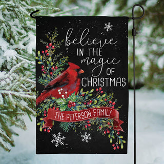 Magic of Christmas garden flag with family name