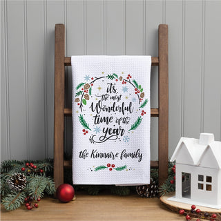 The most wonderful time of the year tea towel with name