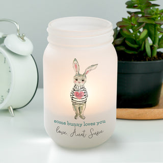 Heart sweater bunny with mason jar votive holder with name