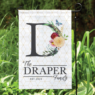 Floral garden flag with initial and name