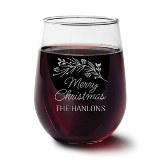 Merry Christmas Pine Branch Personalized Stemless Wine Glass