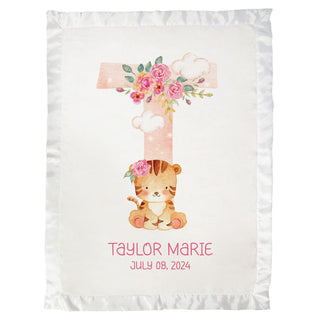 Floral Animal Initial Personalized Satin Trim Baby Blanket