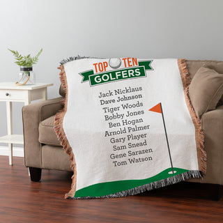 Top Ten Golfers Fringe Throw Blanket personalized with name and lists top golfers - gift for golfer, dad, grandpa