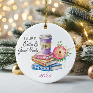 Fueled by Coffee & Books Floral Ceramic Ornament